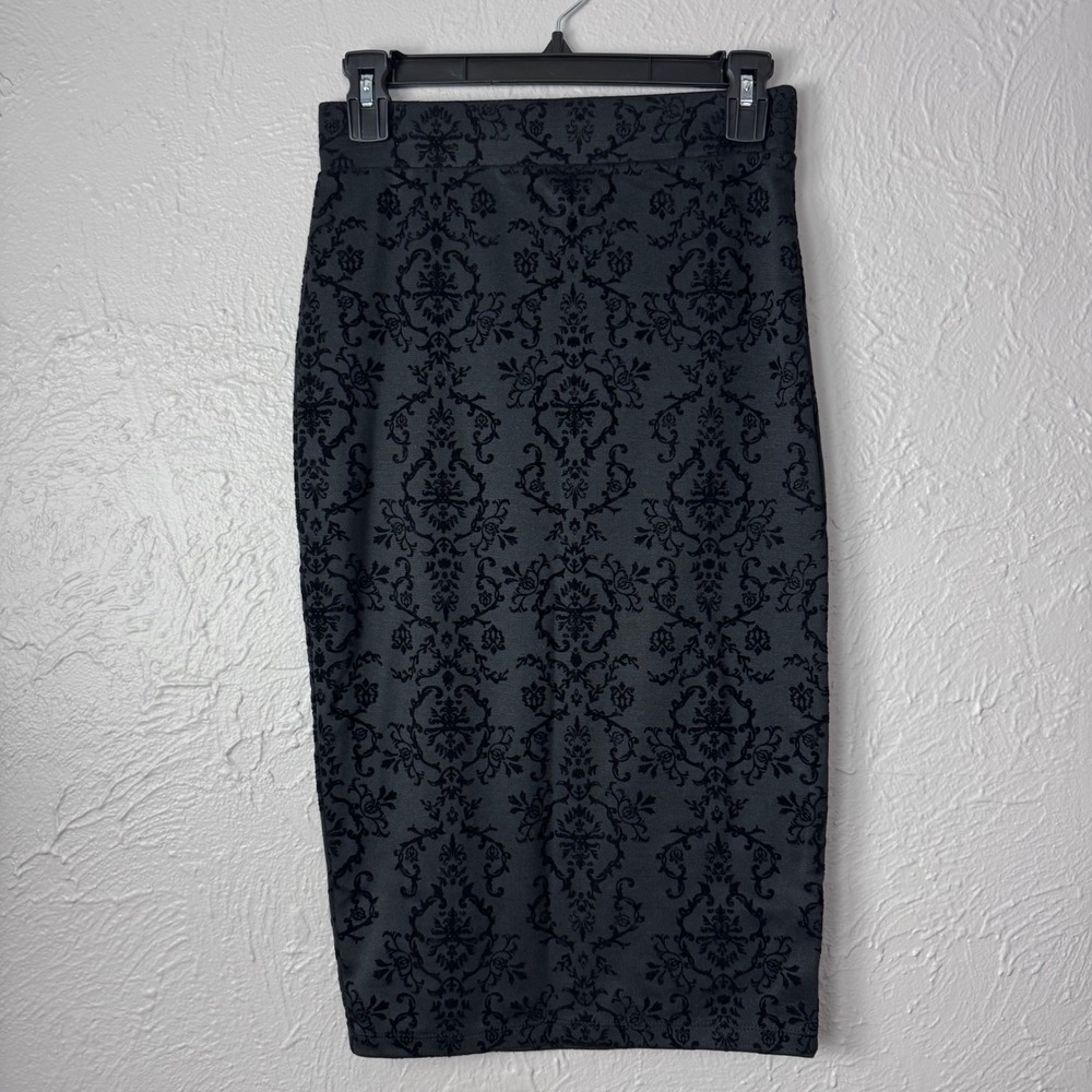Gothic black velvet brocade pull on stretch skirt Corporate goth Small Vampire